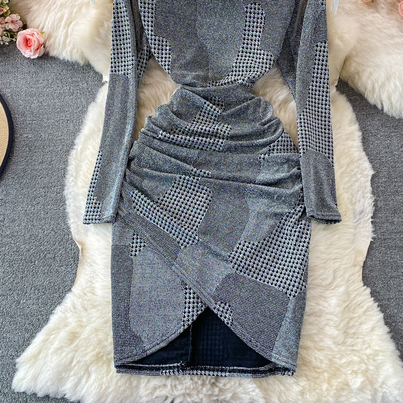 Tassel stitched bright silk irregular fold wrap hip round neck dress  3093