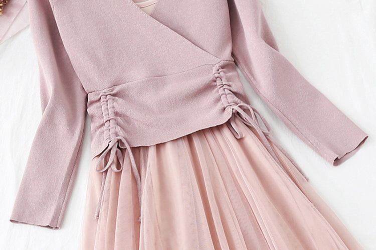 Women's suit skirt fashion knitted sweater + suspender mesh dress  2174