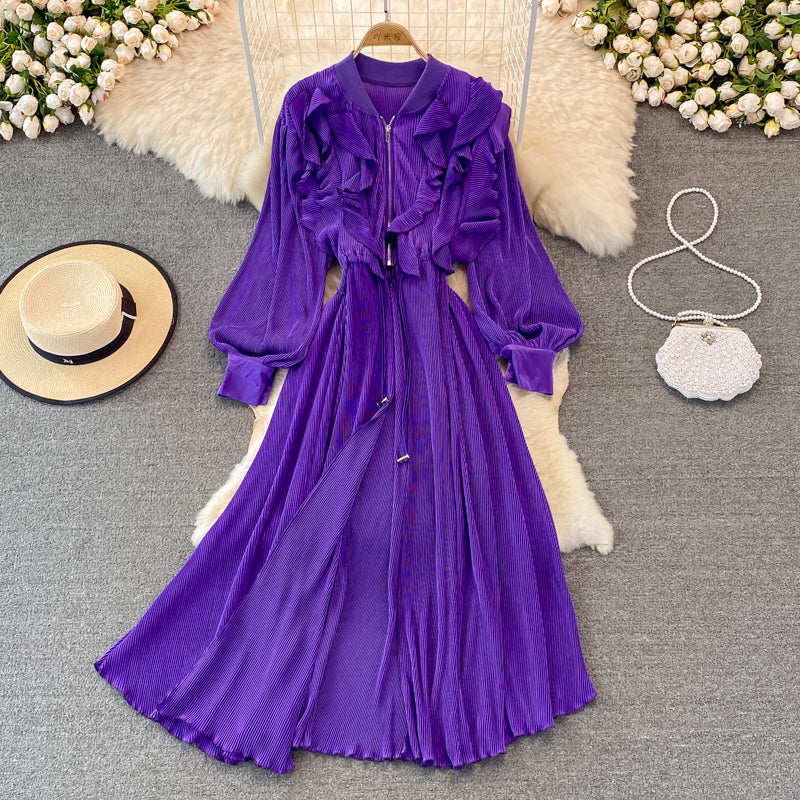 Bubble sleeve waist closing thin Ruffle Pleated Dress  3386