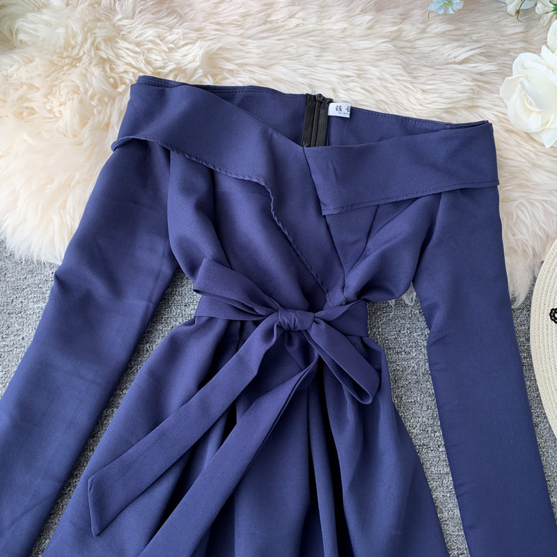 Sexy one line neck waist slim dress  2874