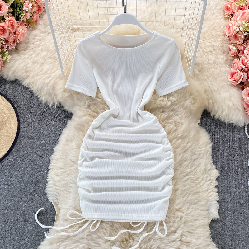 Sexy drawstring temperament slim round neck tight buttock dress  2777