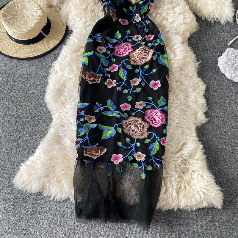 Round neck sleeveless mesh embroidered slim long skirt  2945