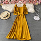French square neck bubble sleeve lace up waist slim backless dress  3170