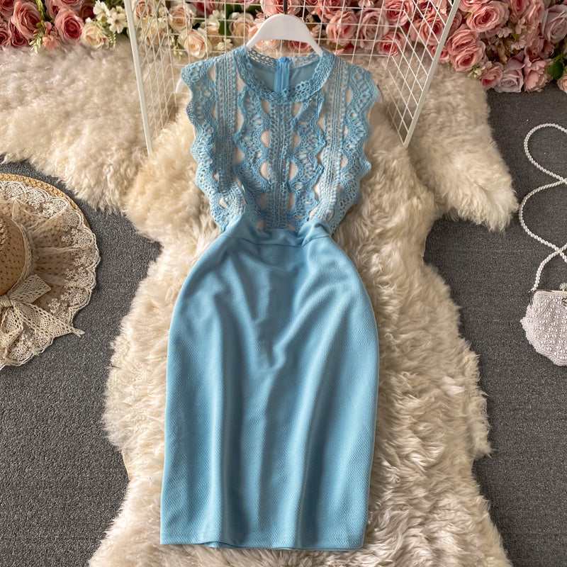 Lace Panel contrast slim wrap hip dress  2892