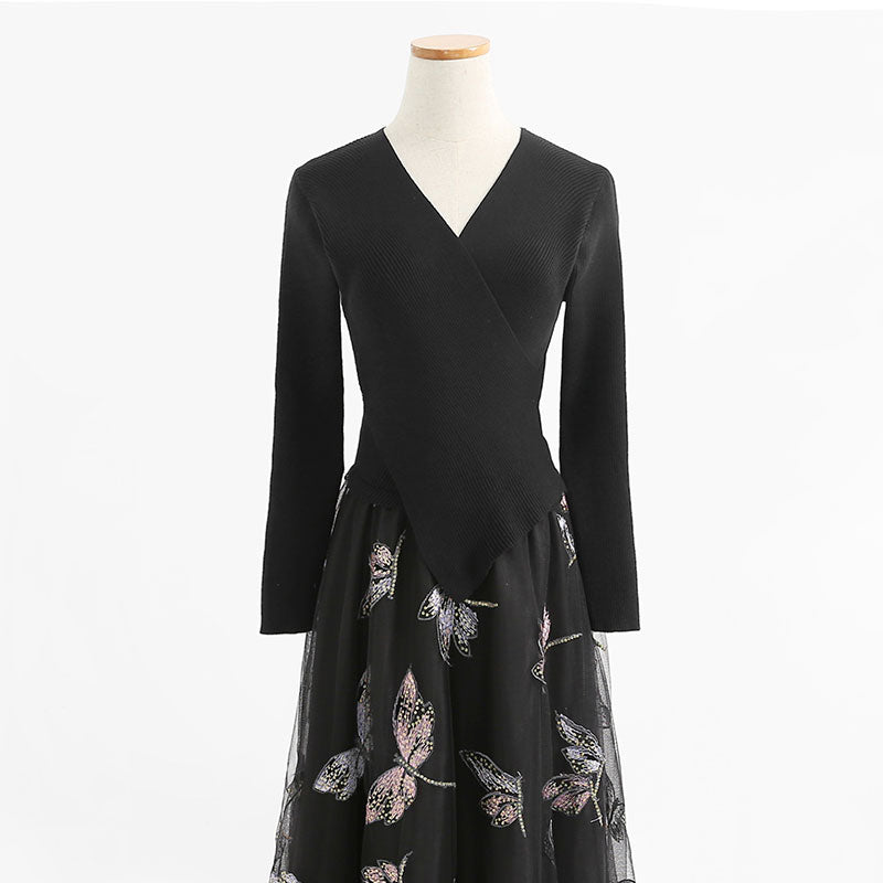 New long skirt fairy mesh embroidery temperament French small black skirt  2198