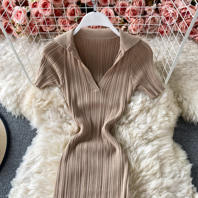 Vintage waist closing tight buttock knit dress  2716