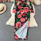 V-neck print slim split dress  3086