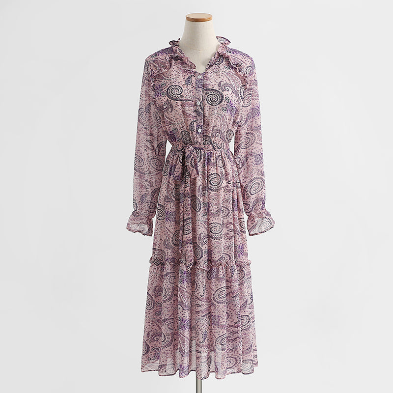 Temperament: slim waist, long sleeved chiffon dress with backing  2214