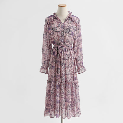 Temperament: slim waist, long sleeved chiffon dress with backing  2214