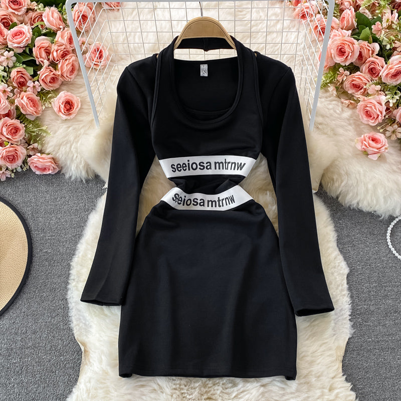 Fake two piece neck and shoulder bag hip dress  2857