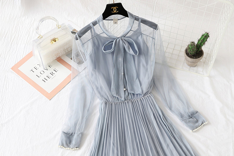 Dress feather nail bead long sleeve suspender bottomed skirt French girl long skirt  2286