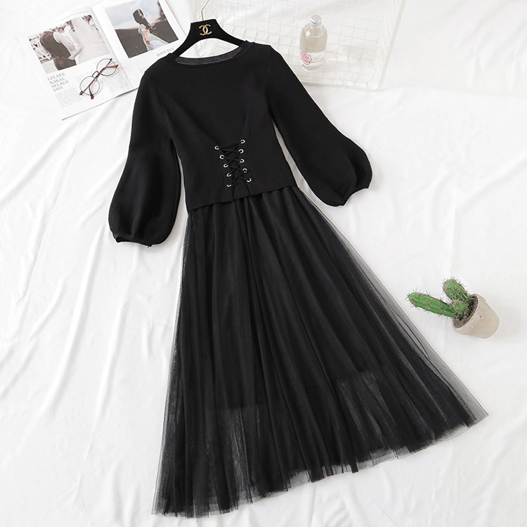 Suit bubble sleeve fairy suspender mesh skirt fashion two-piece set  2146