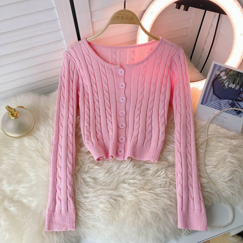 French retro single breasted twist wool sweater long sleeve knitting  1590