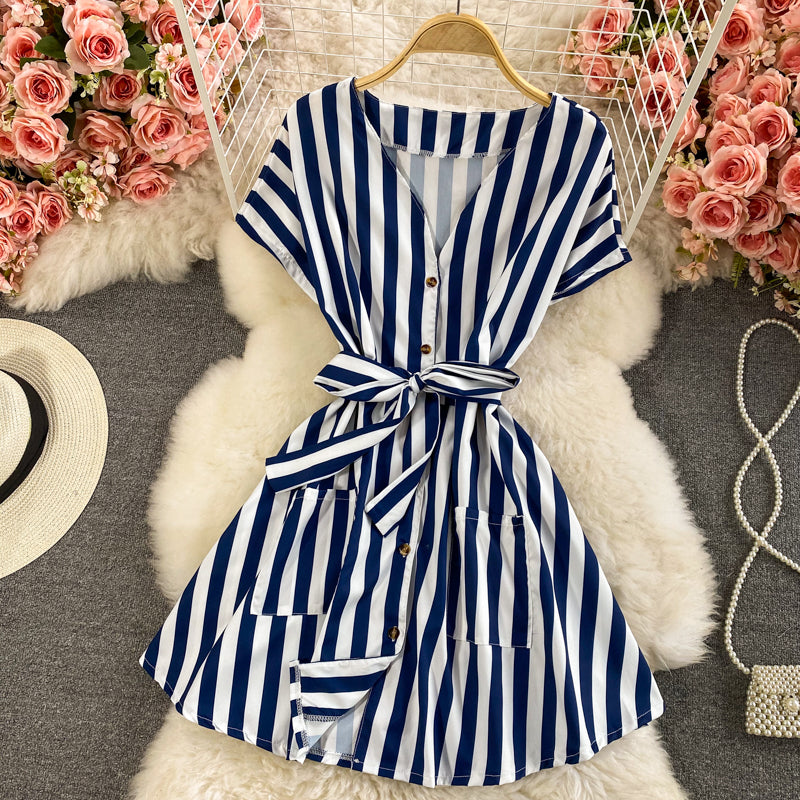 Celebrity temperament V-neck stripe lace up waist dress  2962