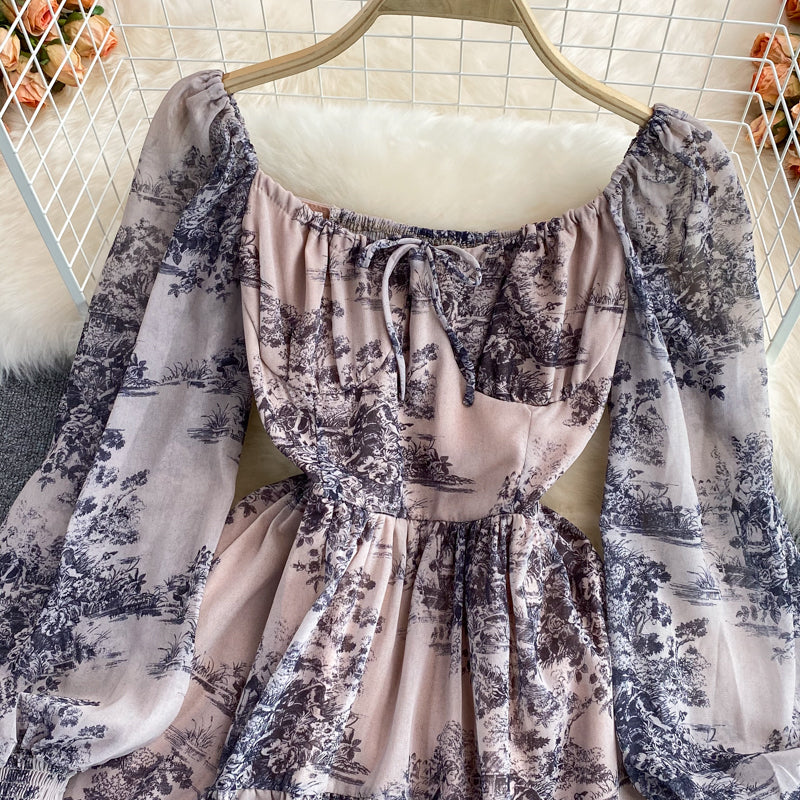 Retro ink painting square neck dress  3000
