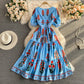 Korean foam sleeve knee length aging square neck dress  3325