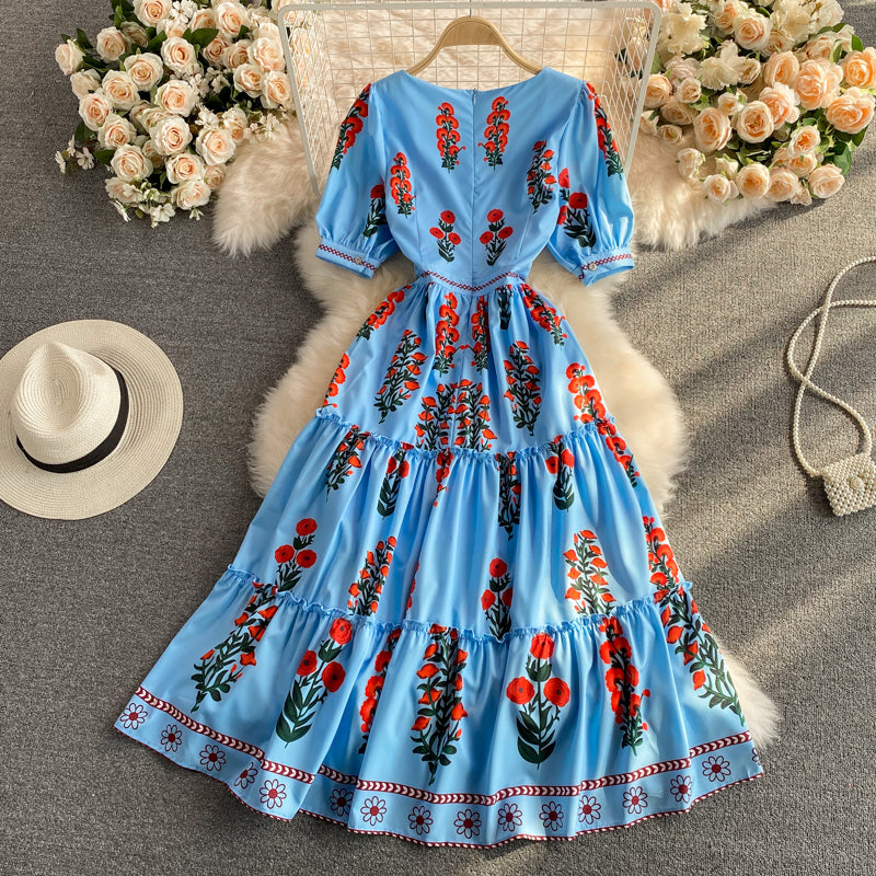 Korean foam sleeve knee length aging square neck dress  3325