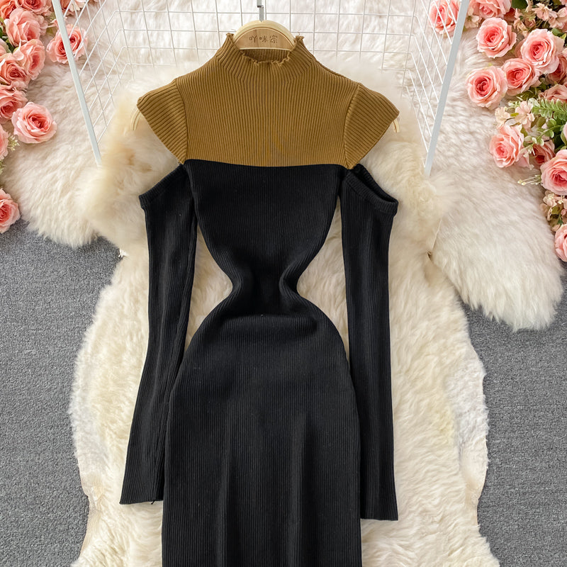 French Vintage stand collar knit dress  3358