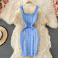 Suspender skirt shows thin ice silk knitted Plaid Hip Wrap Dress  2756