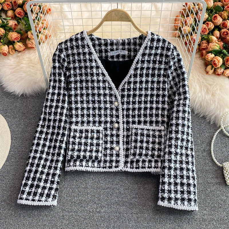 Vintage small fragrance woven tweed V-neck coat  1664