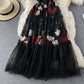 French Vintage mesh Rose Embroidered round neck dress  2942