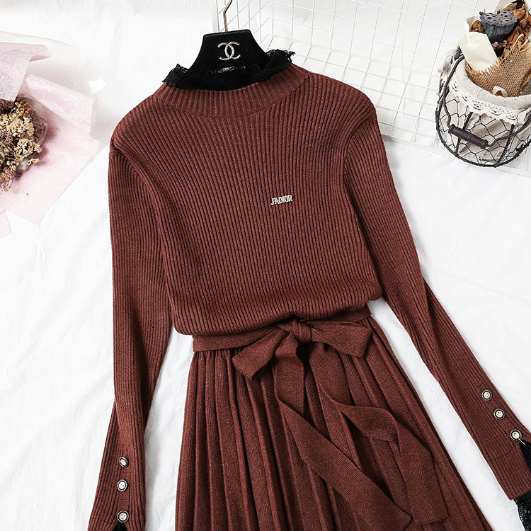 New French retro backing slim lace neck sweater skirt  2362