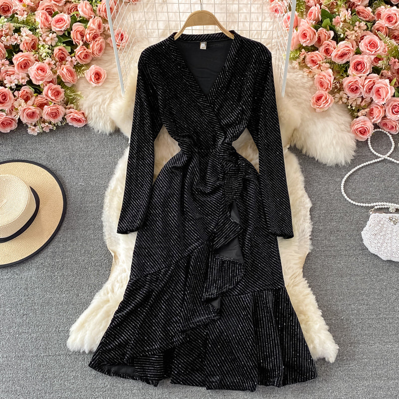 Hot diamond V-neck velvet dress fishtail long skirt  3107