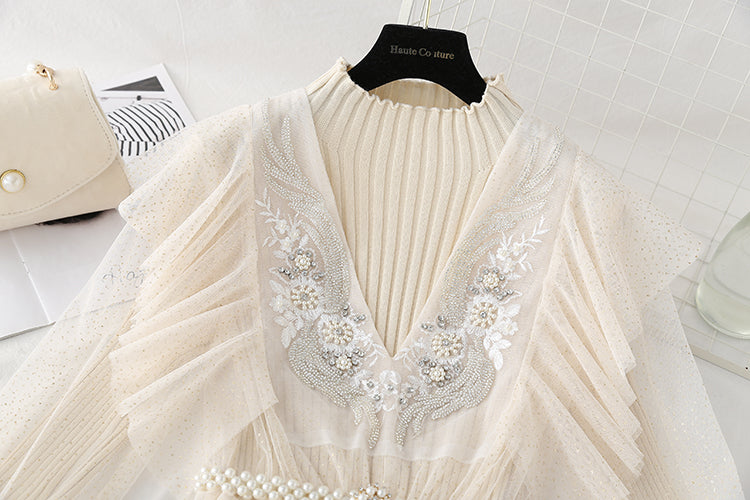 Embroidered mesh two-piece set light mature and slim knit dress  2226