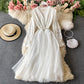 Slim waist long sleeve mesh stitched lace dress  2926