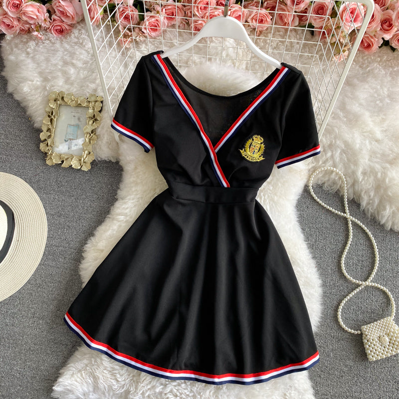 Navy V-neck open chest sexy short sleeve dress  2840