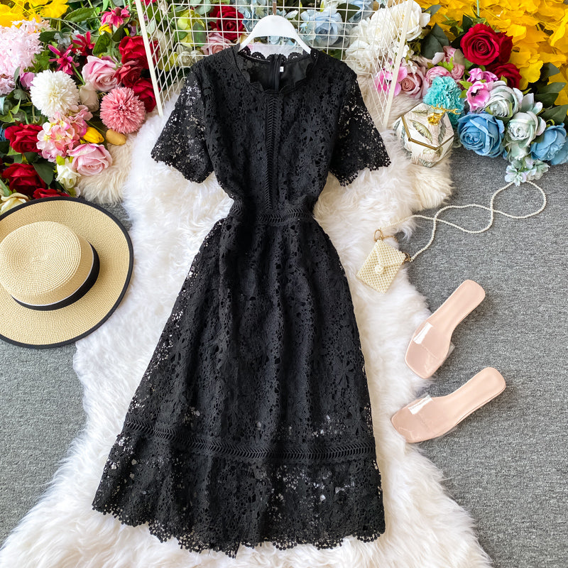 New over knee white lace dress sweet fairy skirt short sleeve long skirt  3136