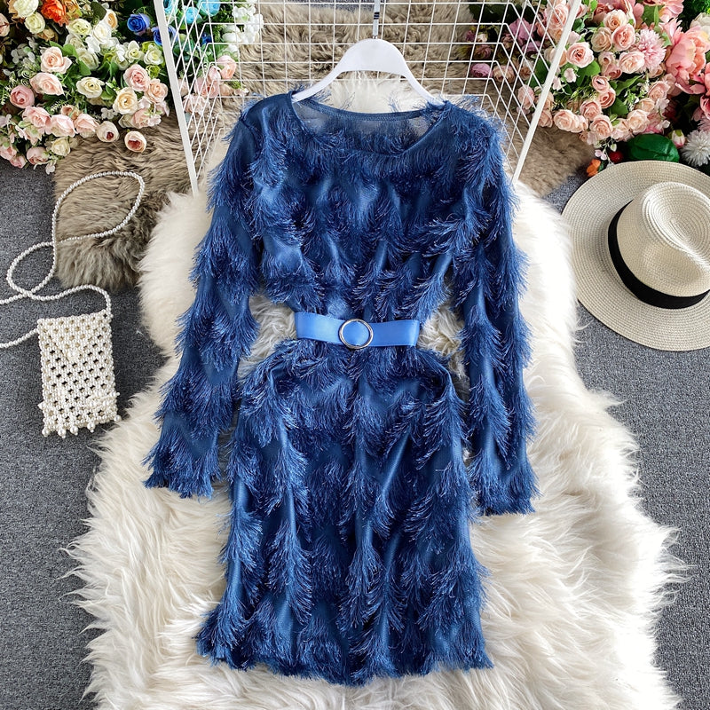 Round neck fluffy long sleeve Hip Wrap A-line skirt  2880