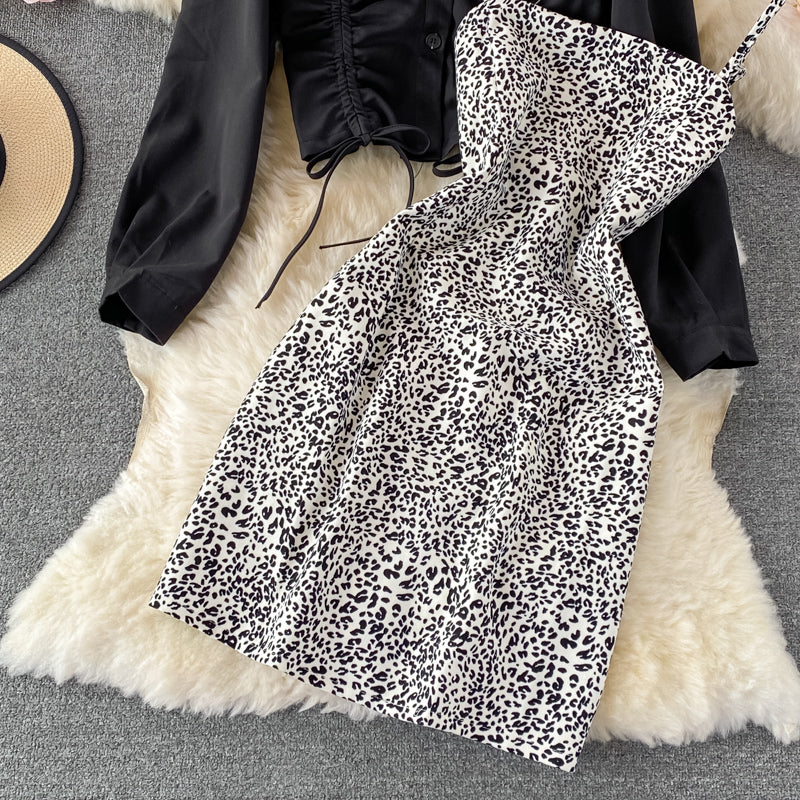 Slim leopard suspender dress two-piece set female  3243