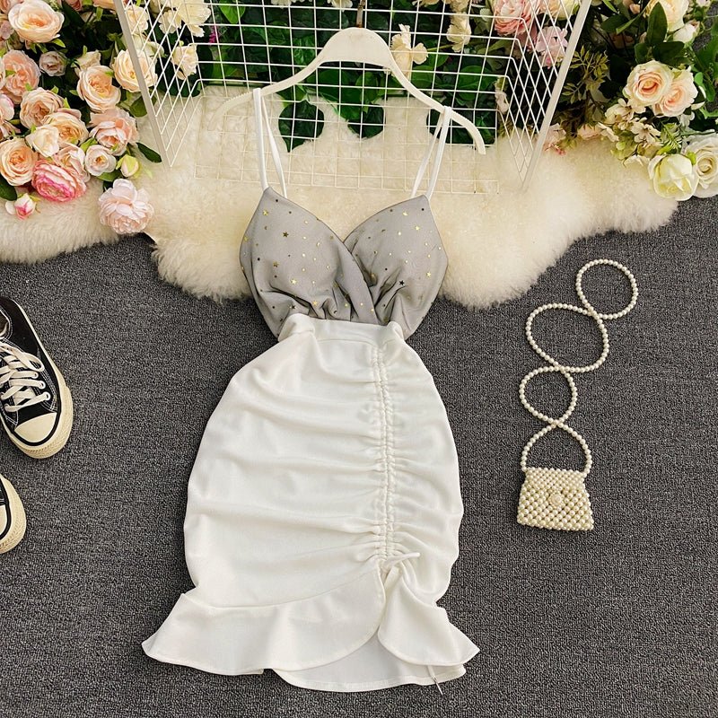 Suspender skirt low chest V-neck waist tight hip drawstring fishtail skirt  2931