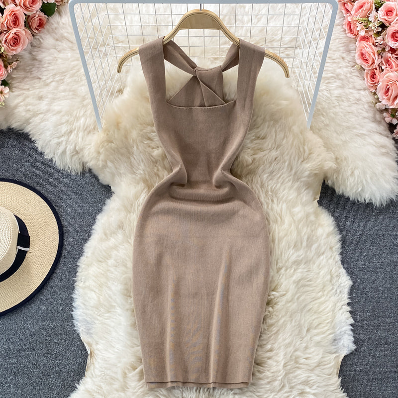 Hanging neck open back square neck knitted Hip Wrap Dress  2768