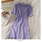 Simple and versatile solid color tight Lapel high waist wrap hip dress  2689