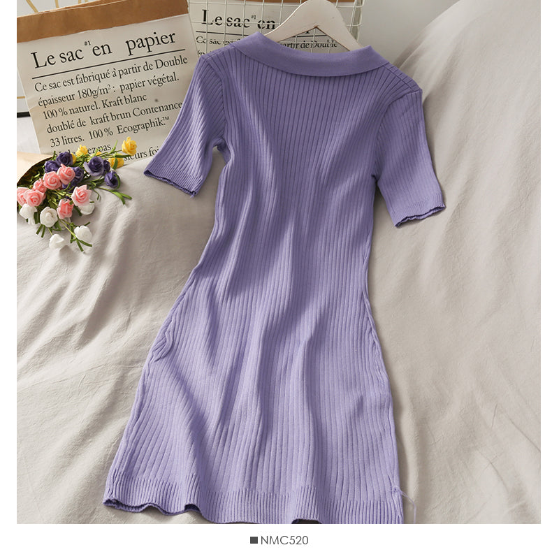 Simple and versatile solid color tight Lapel high waist wrap hip dress  2689