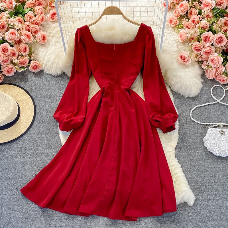 Temperament medium long high waist Thin Red Square Neck Dress  3361