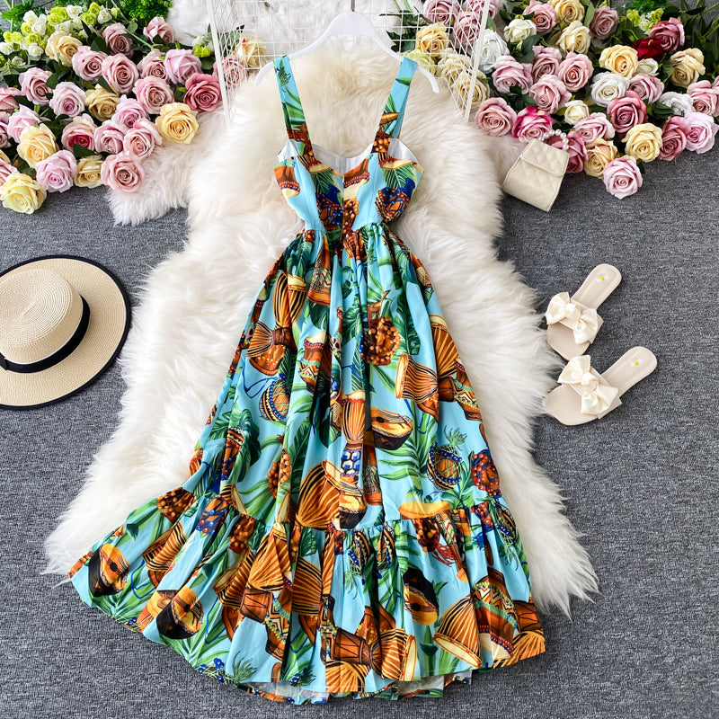 Geblümtes Kleid mit offenem Rücken, französischer langer Rock 2847
