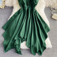 Solid lace up slim sleeveless irregular large hem strapless dress  2721