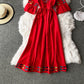 Embroidered trumpet sleeve V-neck waist cotton hemp loose holiday dress  2948