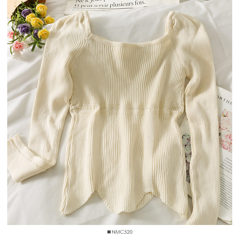 Irregular tight long sleeved foreign style sweater, women's straight shoulder exposed collarbone, versatile  1938