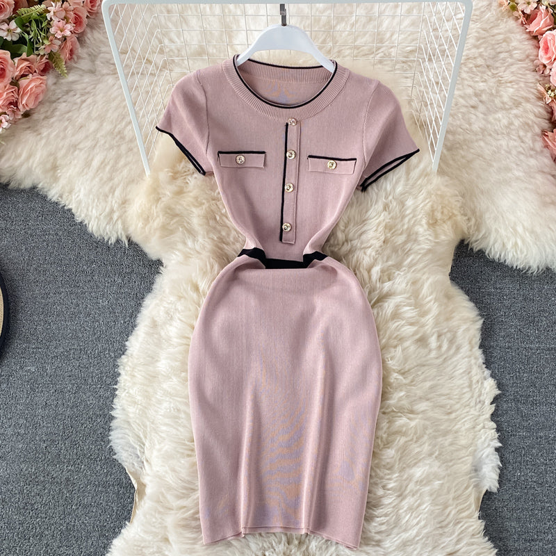 Slim round neck knitted Hip Wrap Dress  2975