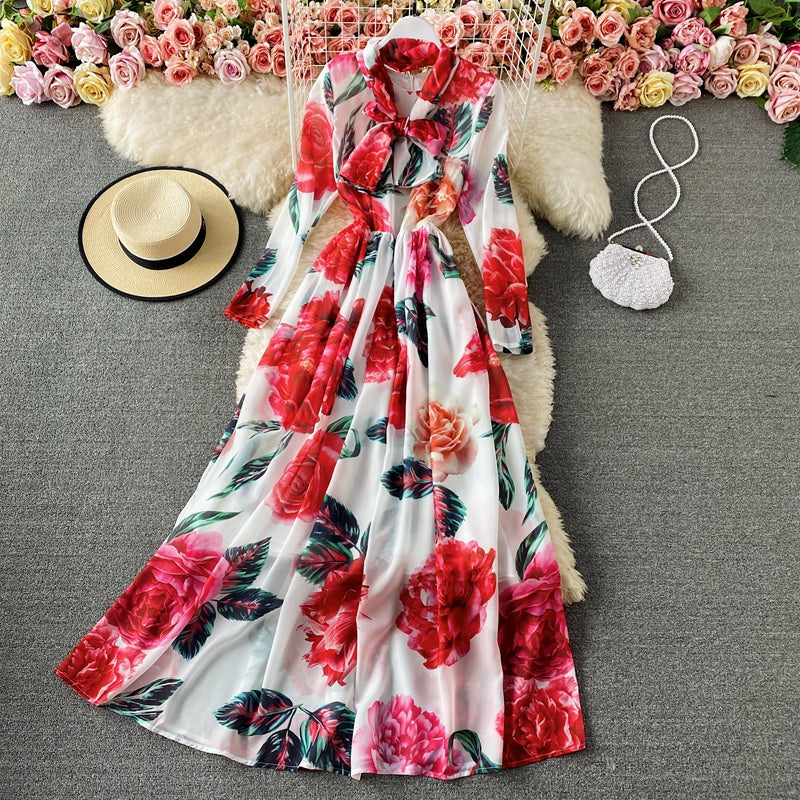 French elegant rose print Crew Neck Dress  3419