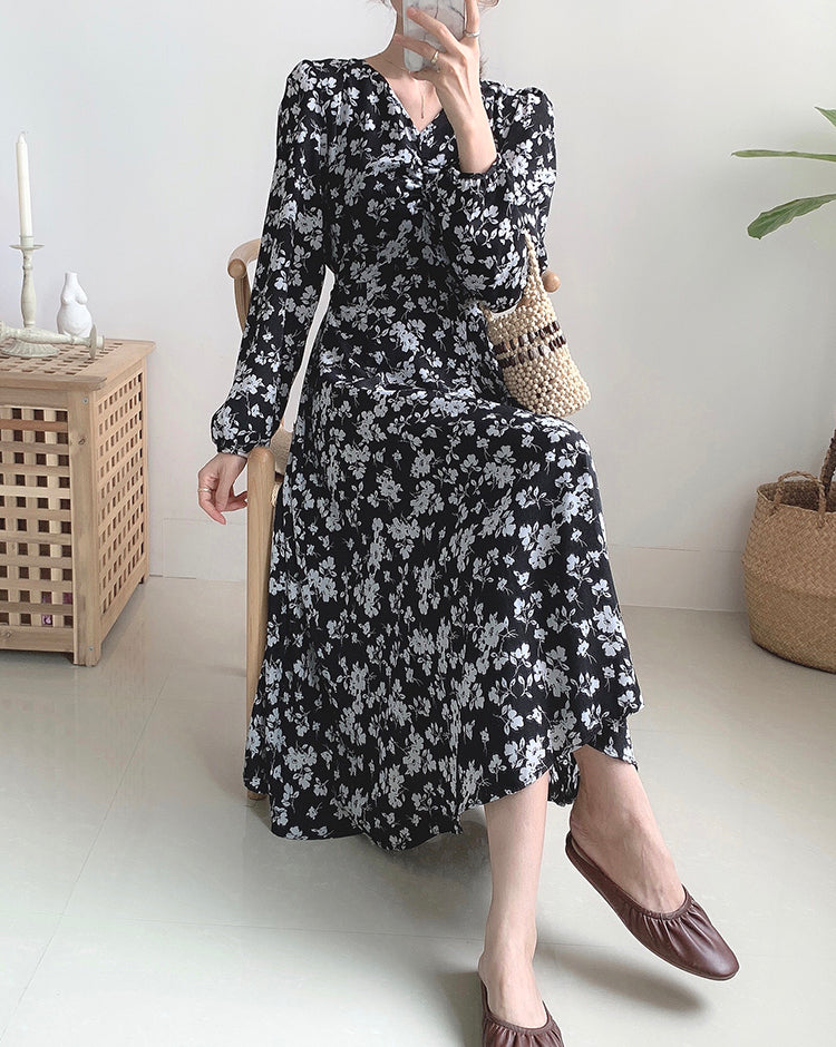 V-neck Chiffon floral dress with coat  2155