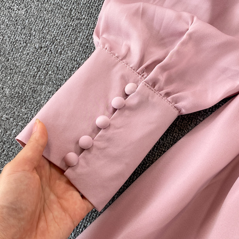 Single breasted waistband slim bubble sleeve dress long skirt  3334