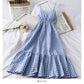 Plaid small Qingxin loose tight waist thin medium length dress  2682