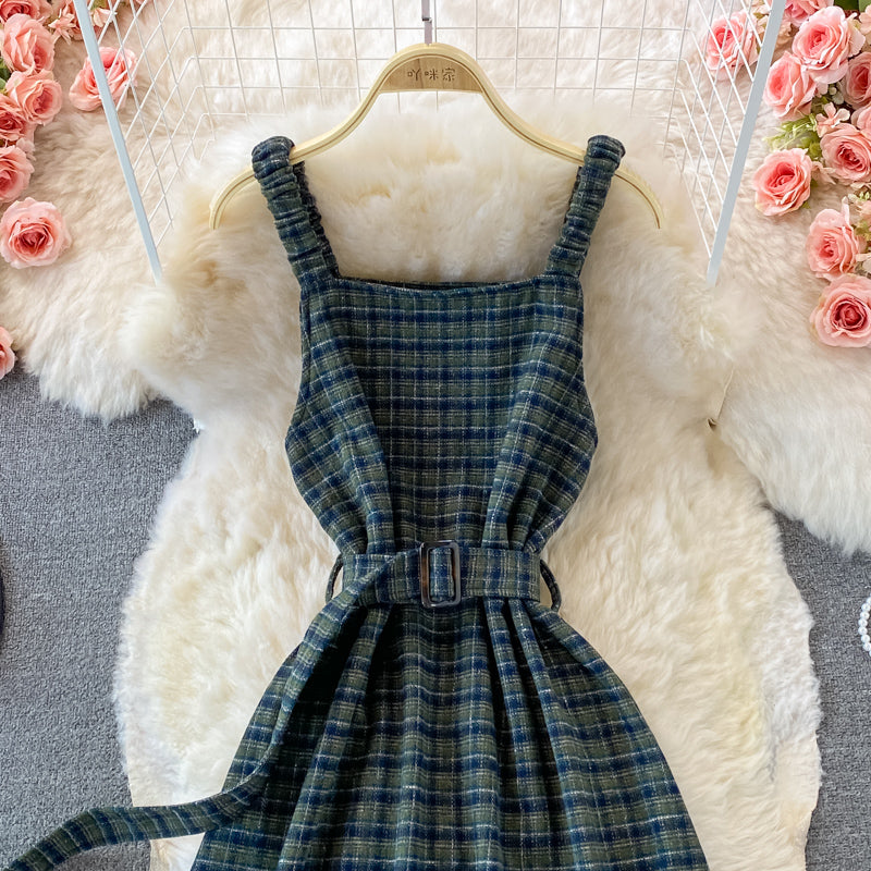 French retro Plaid strap skirt versatile backless A-line dress  2867