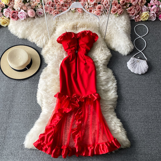 Sexy Strapless exposed shoulder bag hip fishtail dress  3289