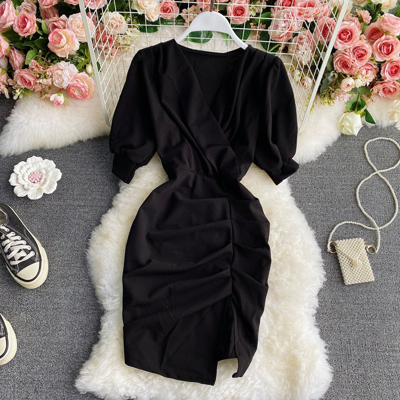 Light familiar commuter V-neck Pleated Dress  3291